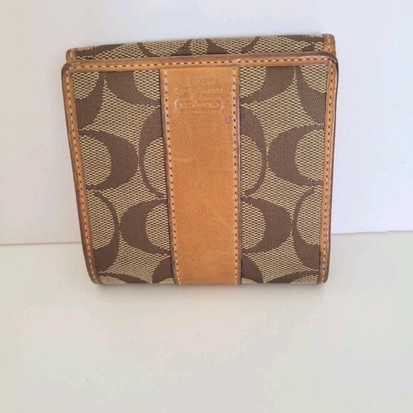 Coach Wallet Canvas Leather Signature Bifold 4x4 Medium Beige Compact Logo - Picture 1 of 9